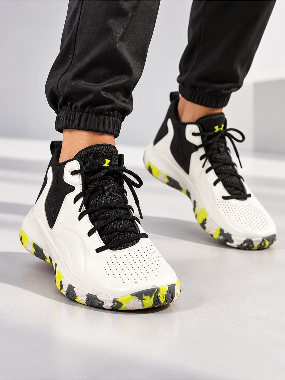 Under Armour White Black Athletic Sneakers with Neon Yellow Accent